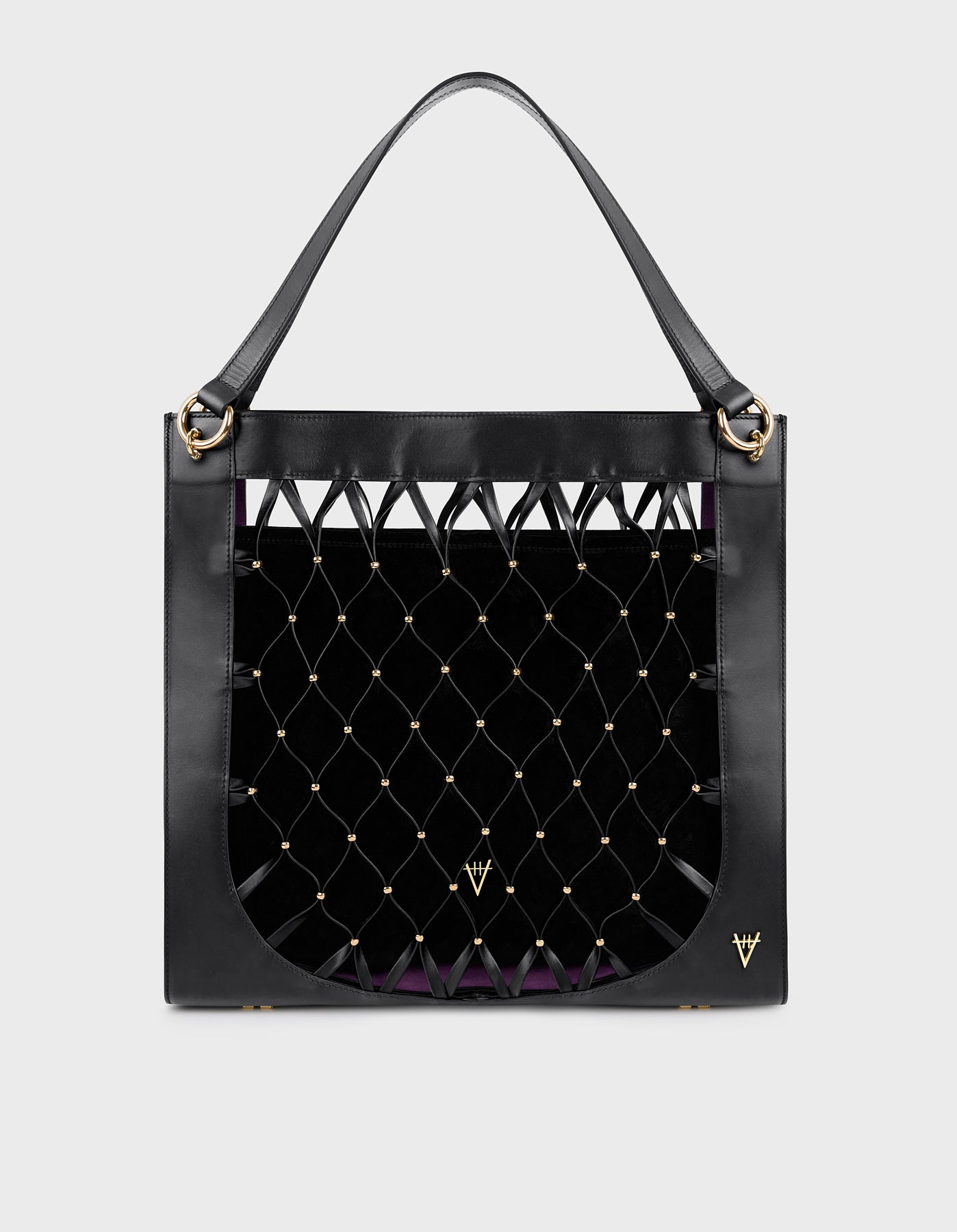 Leather Mesh Tote Bag with Golden Beaded Detail