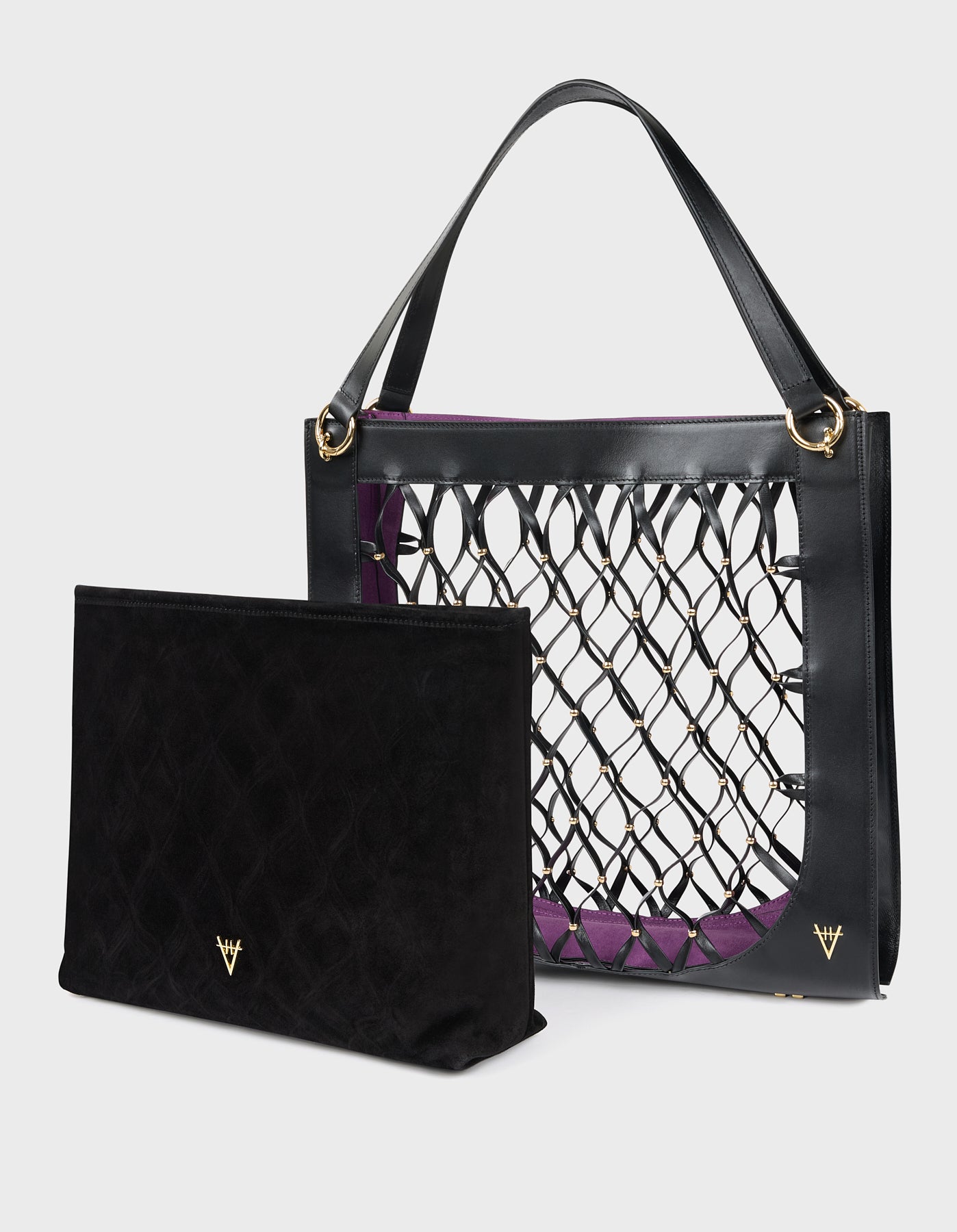 Leather Mesh Tote Bag with Golden Beaded Detail