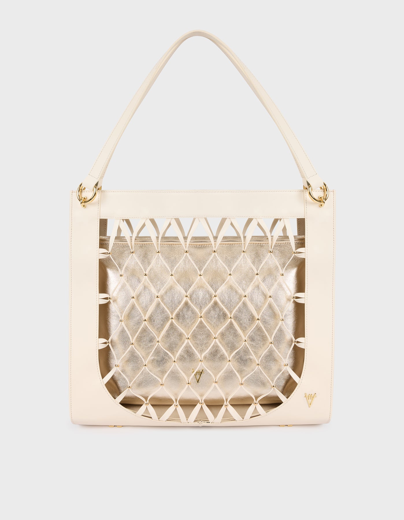 Leather Mesh Tote Bag with Golden Beaded Detail