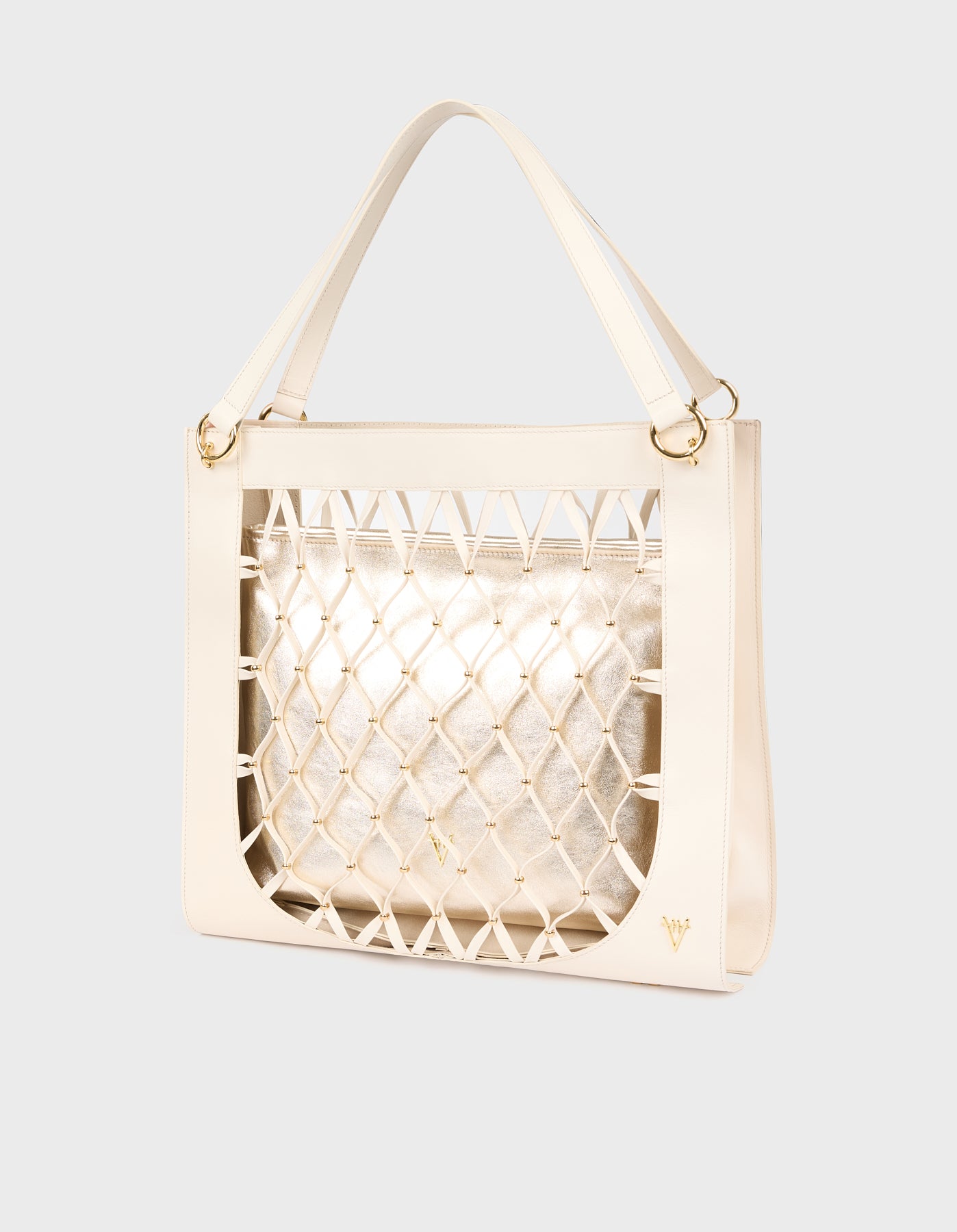 Leather Mesh Tote Bag with Golden Beaded Detail