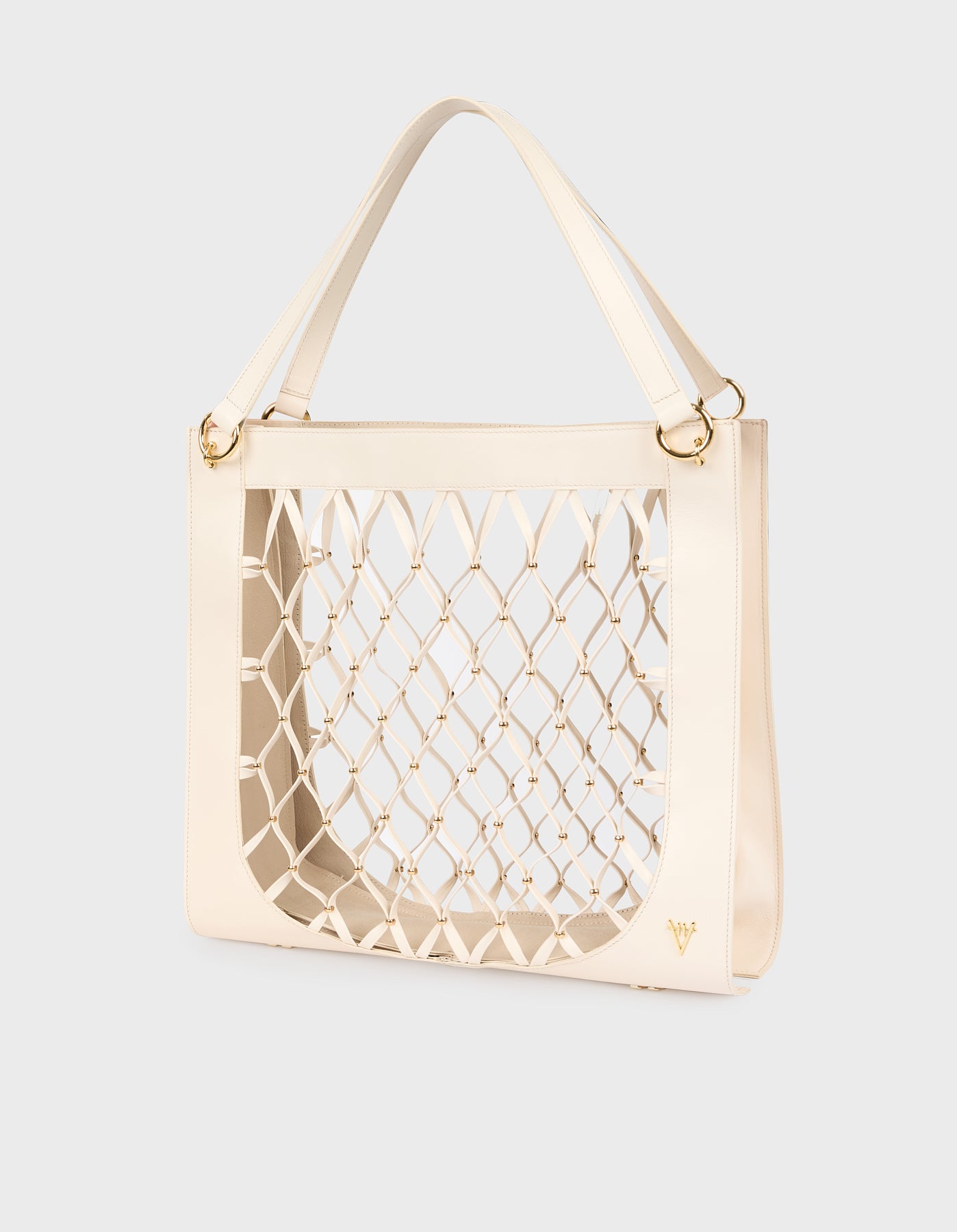 HiVa Atelier | Leather Mesh Tote Bag with Golden Beaded Detail BONE | Her Tarza Uygun Deri Aksesuarlar