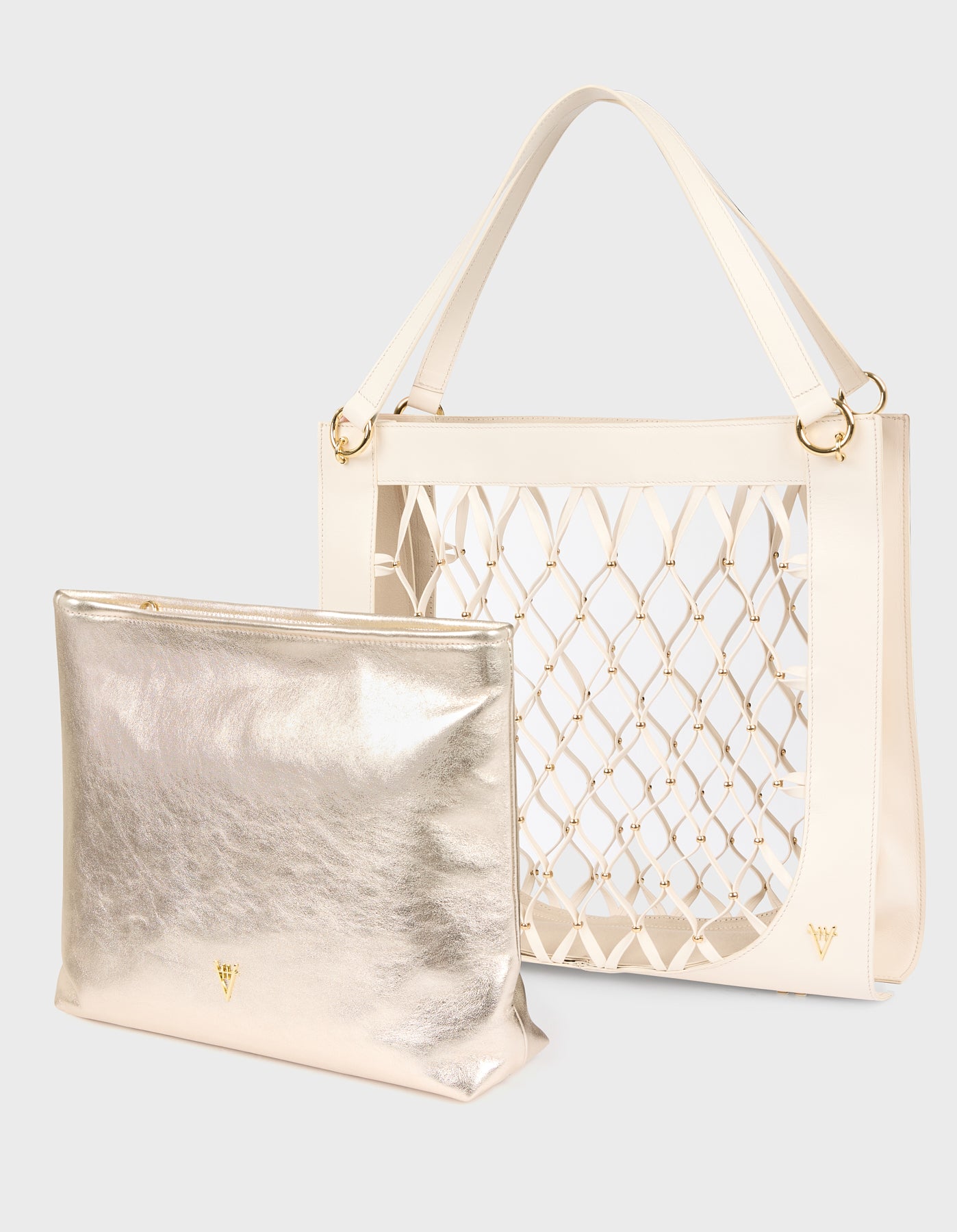 Leather Mesh Tote Bag with Golden Beaded Detail