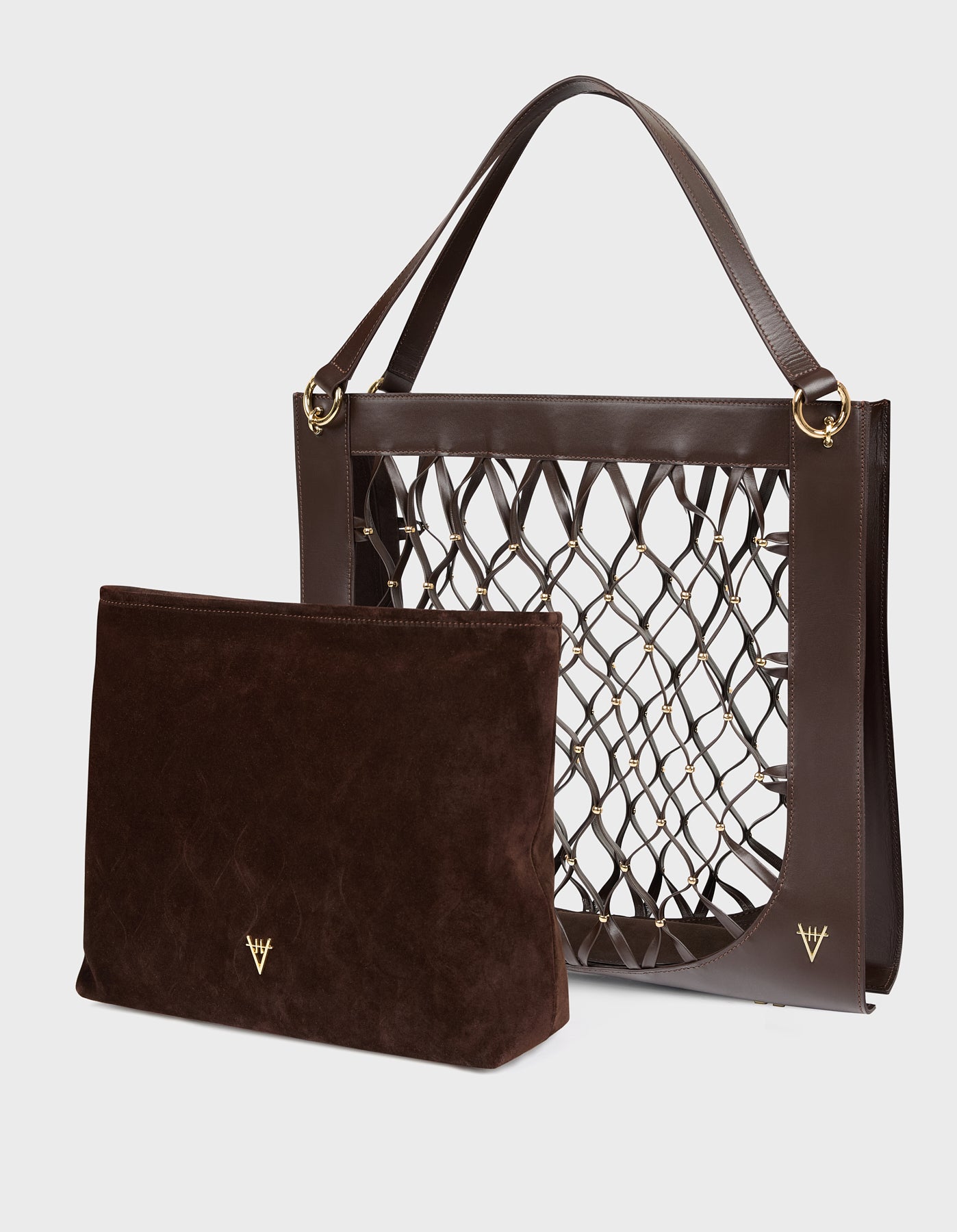 Leather Mesh Tote Bag with Golden Beaded Detail