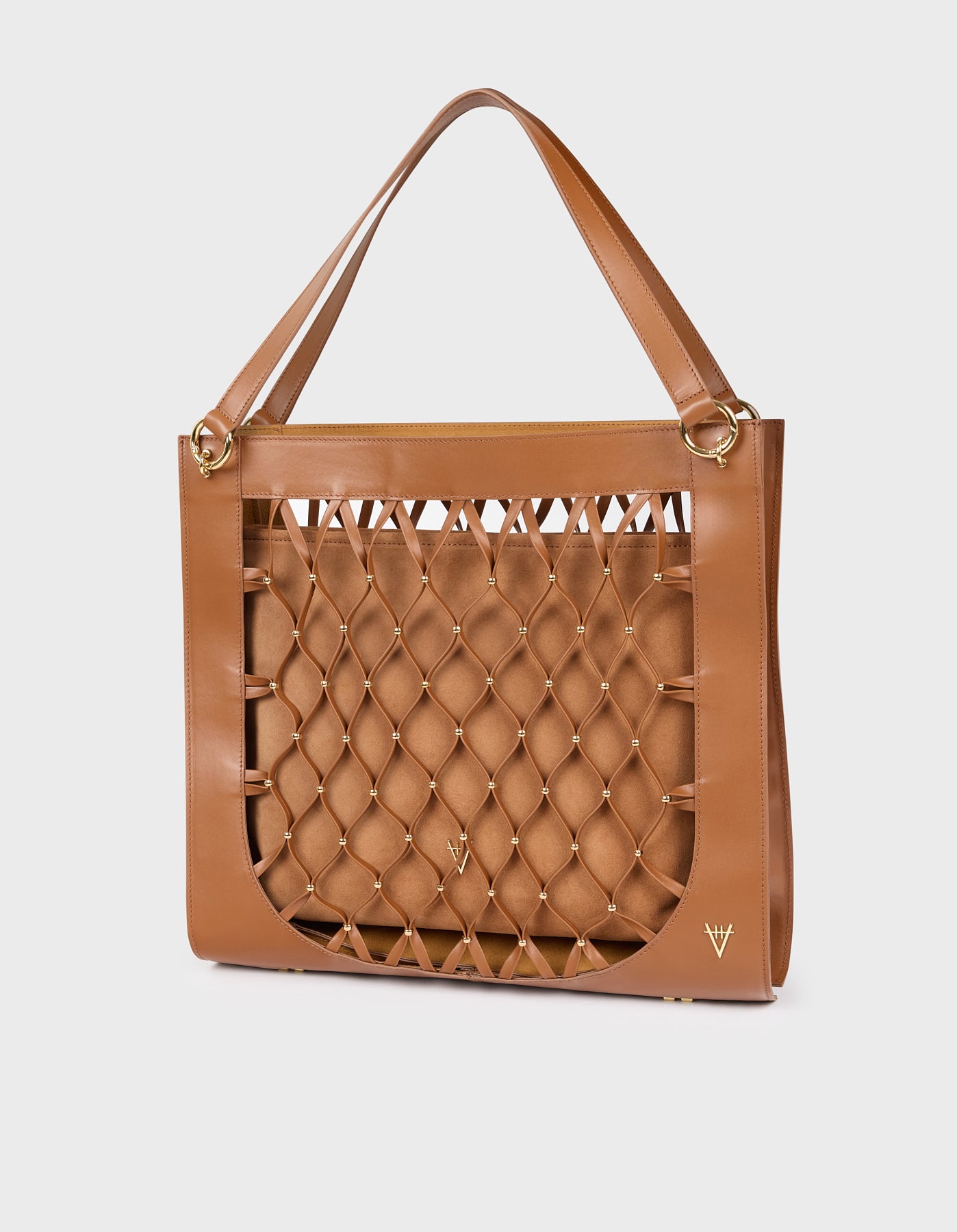 HiVa Atelier | Leather Mesh Tote Bag with Golden Beaded Detail WOOD | Her Tarza Uygun Deri Aksesuarlar
