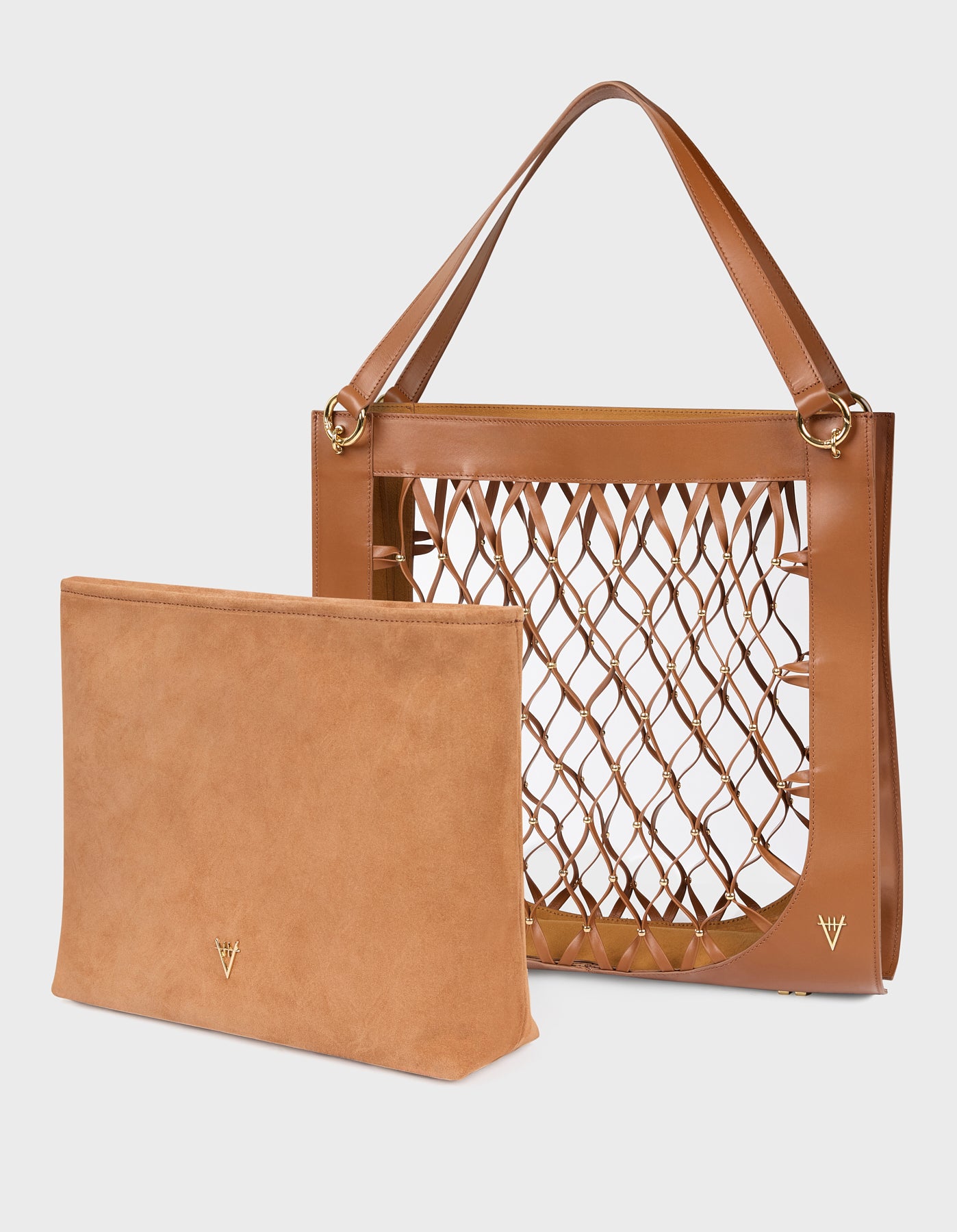 HiVa Atelier | Leather Mesh Tote Bag with Golden Beaded Detail WOOD | Her Tarza Uygun Deri Aksesuarlar
