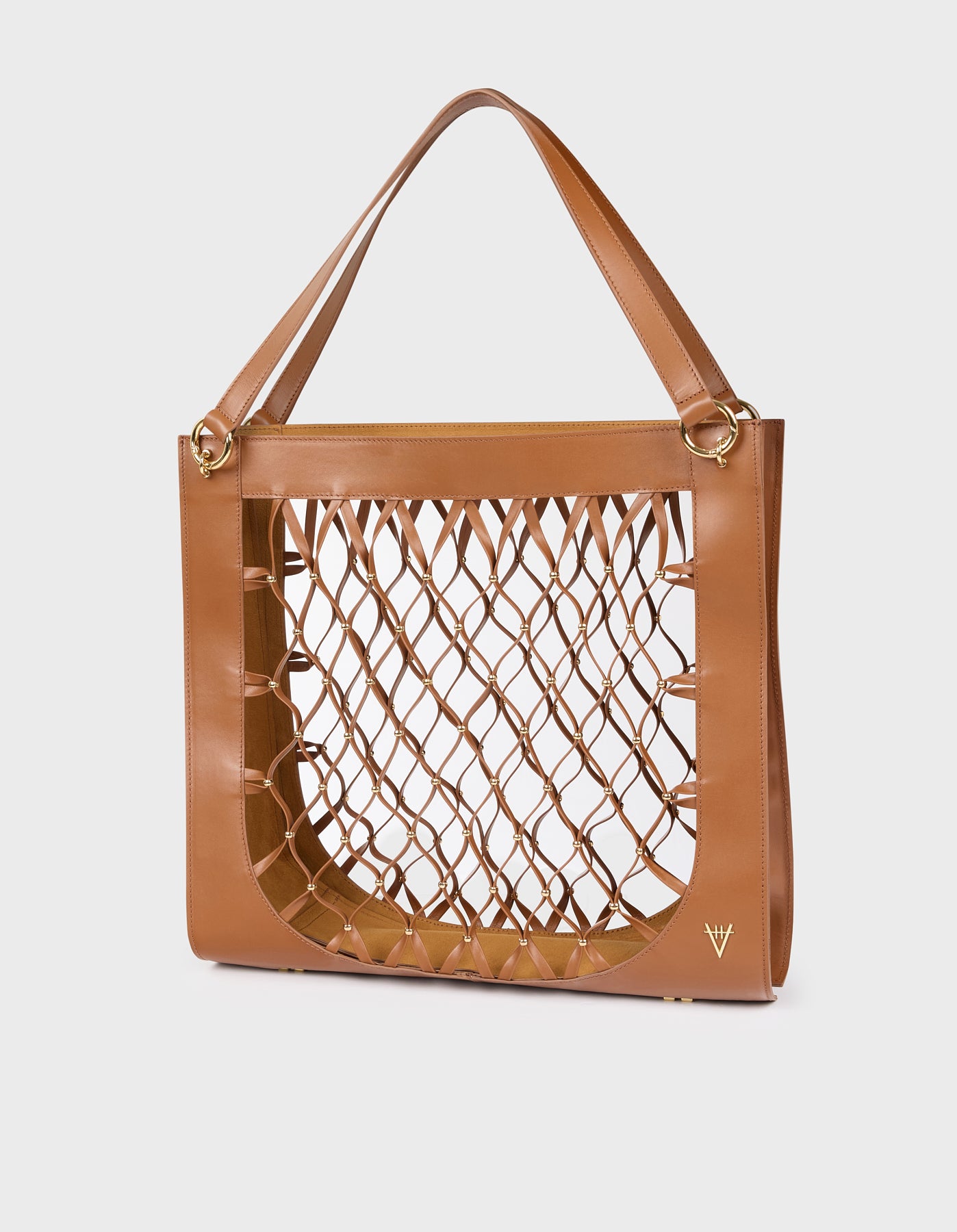 HiVa Atelier | Leather Mesh Tote Bag with Golden Beaded Detail WOOD | Her Tarza Uygun Deri Aksesuarlar