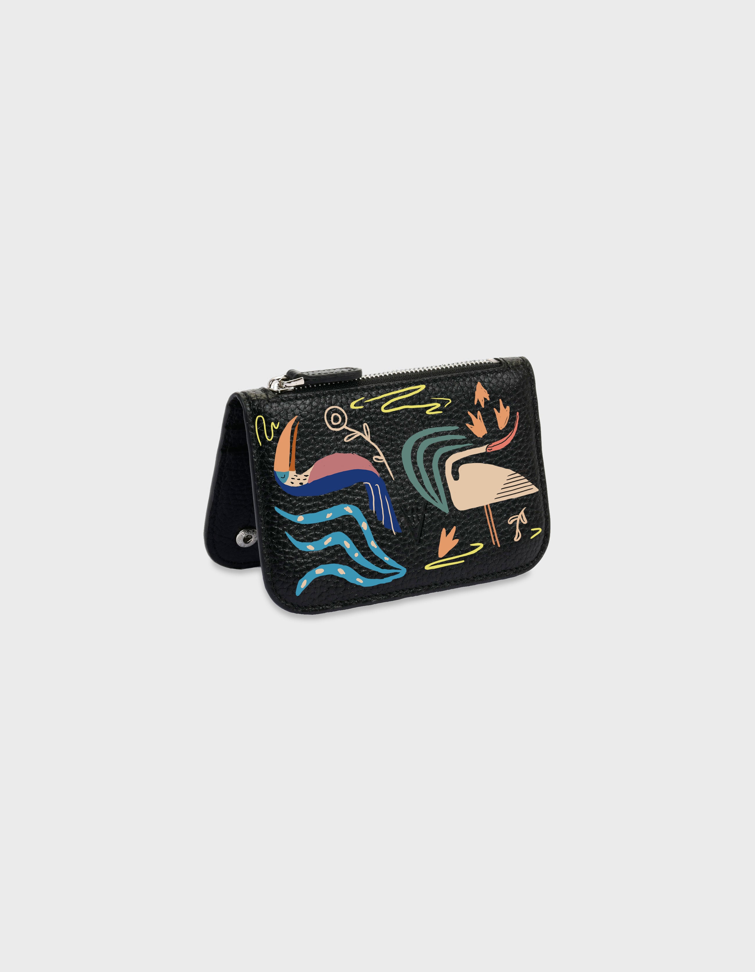 Hiva Atelier | Alae Coin Purse & Card Holder - Hand-Painted Black Holiday Birds | Her Tarza Uygun Deri Aksesuarlar