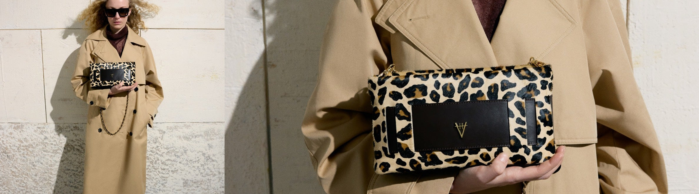Woman in a beige trench coat holding a leopard print handbag against a light-colored wall.