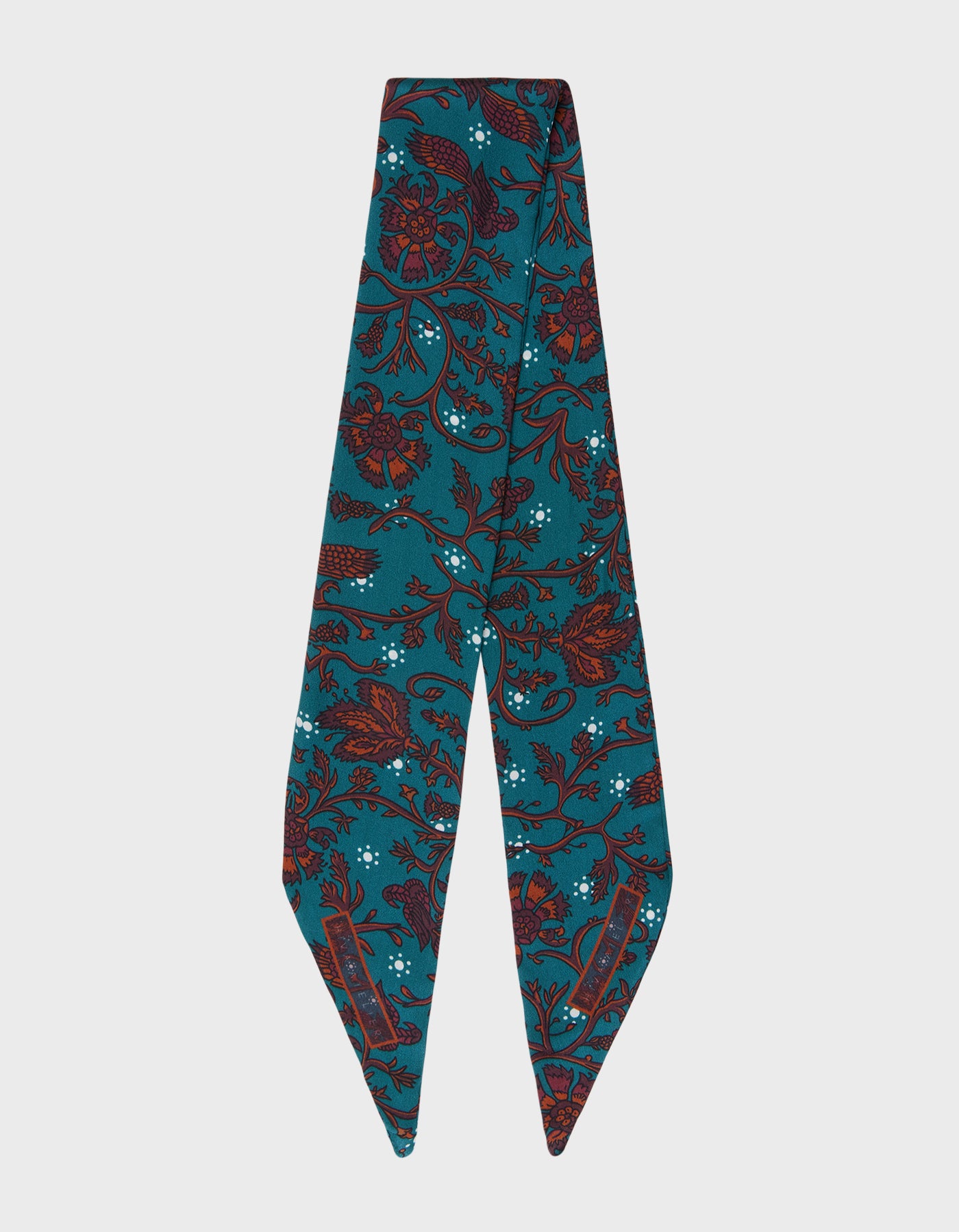HiVa Atelier | Silk Scarf 5 X 90 CM Refurnished Vintage Flower - Verdigris & Wine & Bombay Brown | Her Tarza Uygun Deri Aksesuarlar