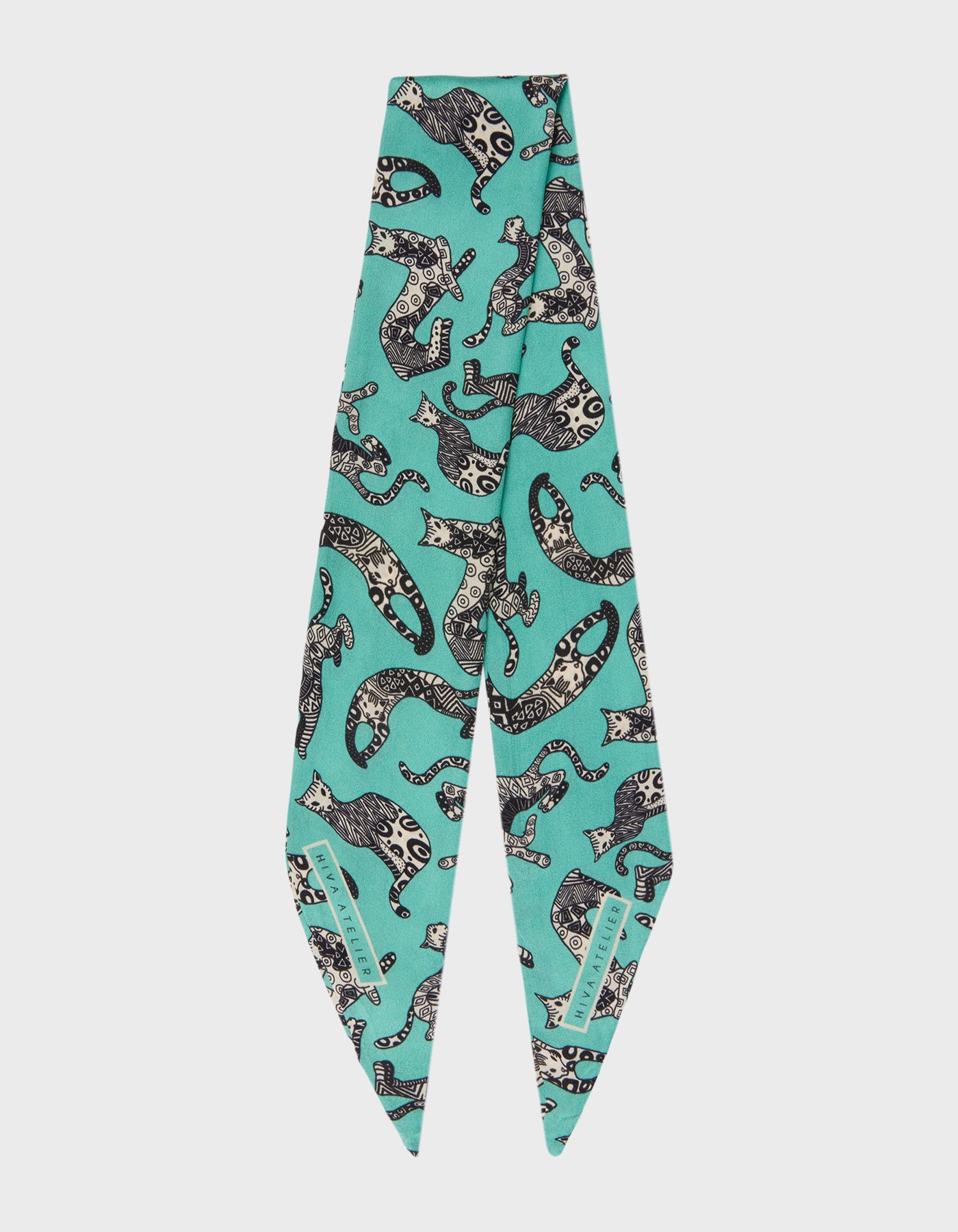 HiVa Atelier | Silk Scarf 5 X 90 CM Geometric Cat - Mint & Black & Beige | Her Tarza Uygun Deri Aksesuarlar