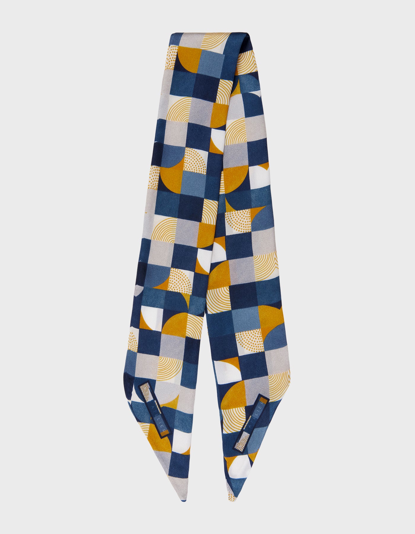 HiVa Atelier | Silk Scarf 5 X 90 CM Geometric Trickery - Navy & Mustard | Her Tarza Uygun Deri Aksesuarlar