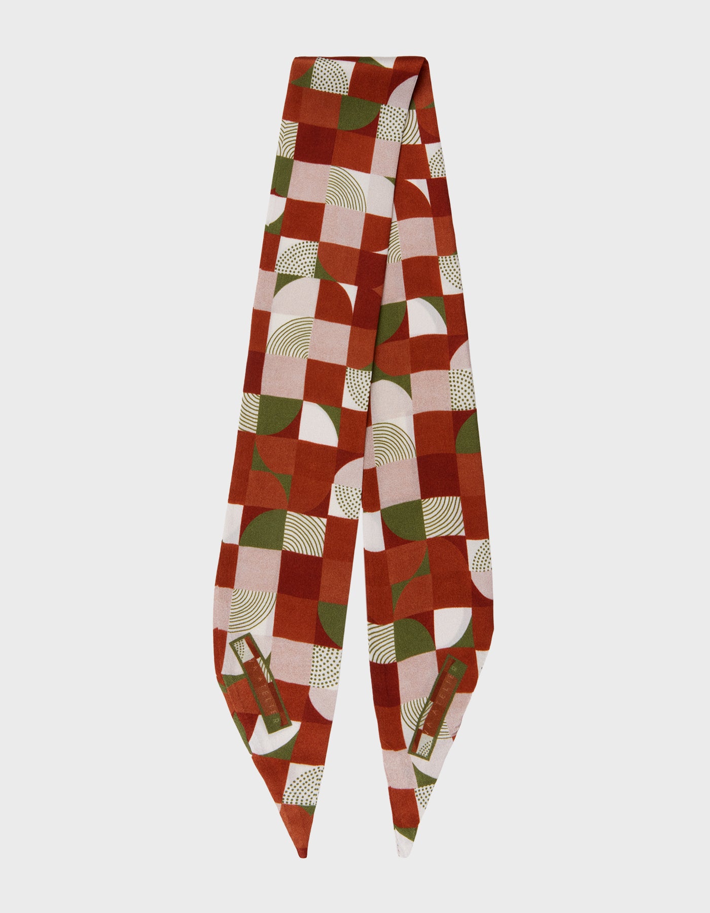 HiVa Atelier | Silk Scarf 5 X 90 CM Geometric Trickery - Burnt Orange & Olive | Her Tarza Uygun Deri Aksesuarlar