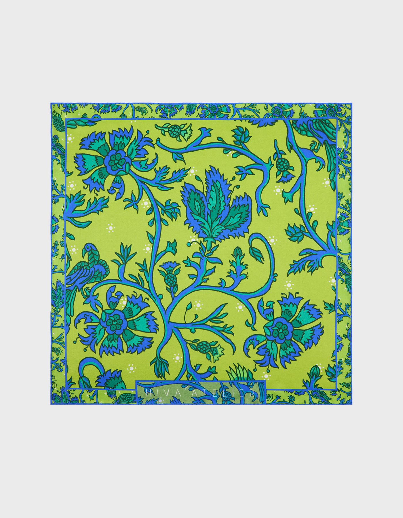 HiVa Atelier | Silk Scarf 50 X 50 CM Refurnished Vintage Flower - Algae Green & Sodalite Blue | Her Tarza Uygun Deri Aksesuarlar