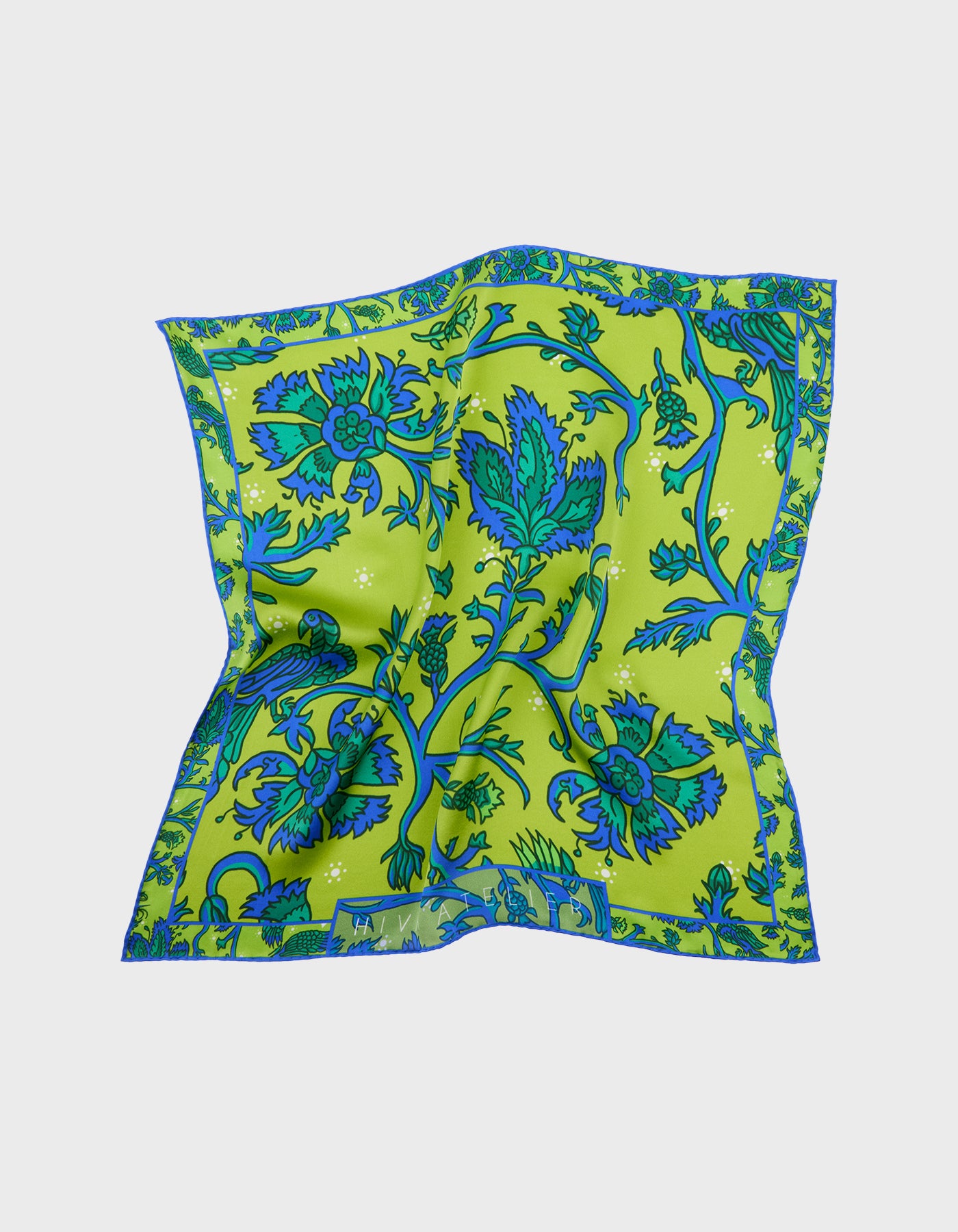 HiVa Atelier | Silk Scarf 50 X 50 CM Refurnished Vintage Flower - Algae Green & Sodalite Blue | Her Tarza Uygun Deri Aksesuarlar