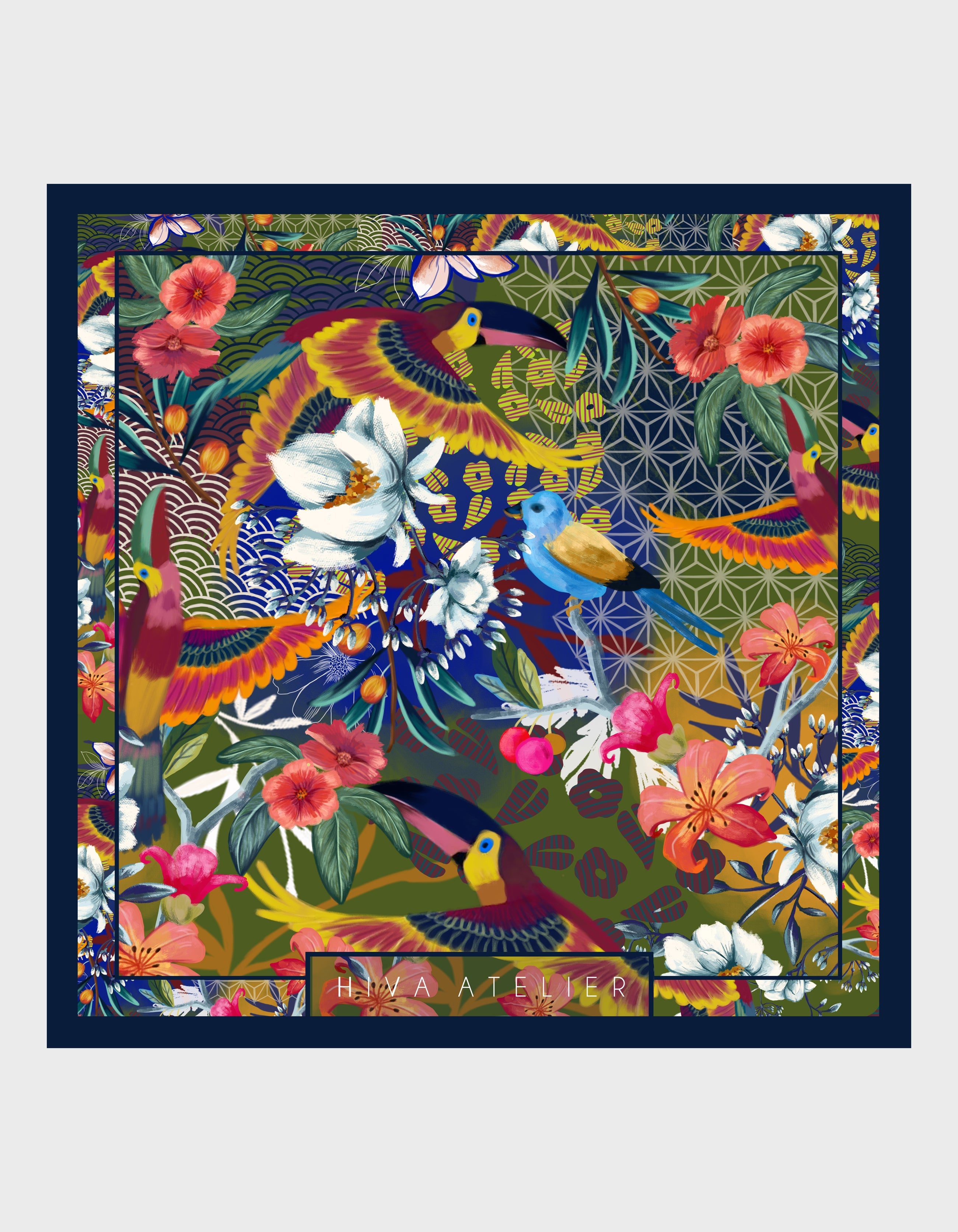 HiVa Atelier | Silk Scarf 50 X 50 CM Dream - Multicolour Navy | Her Tarza Uygun Deri Aksesuarlar