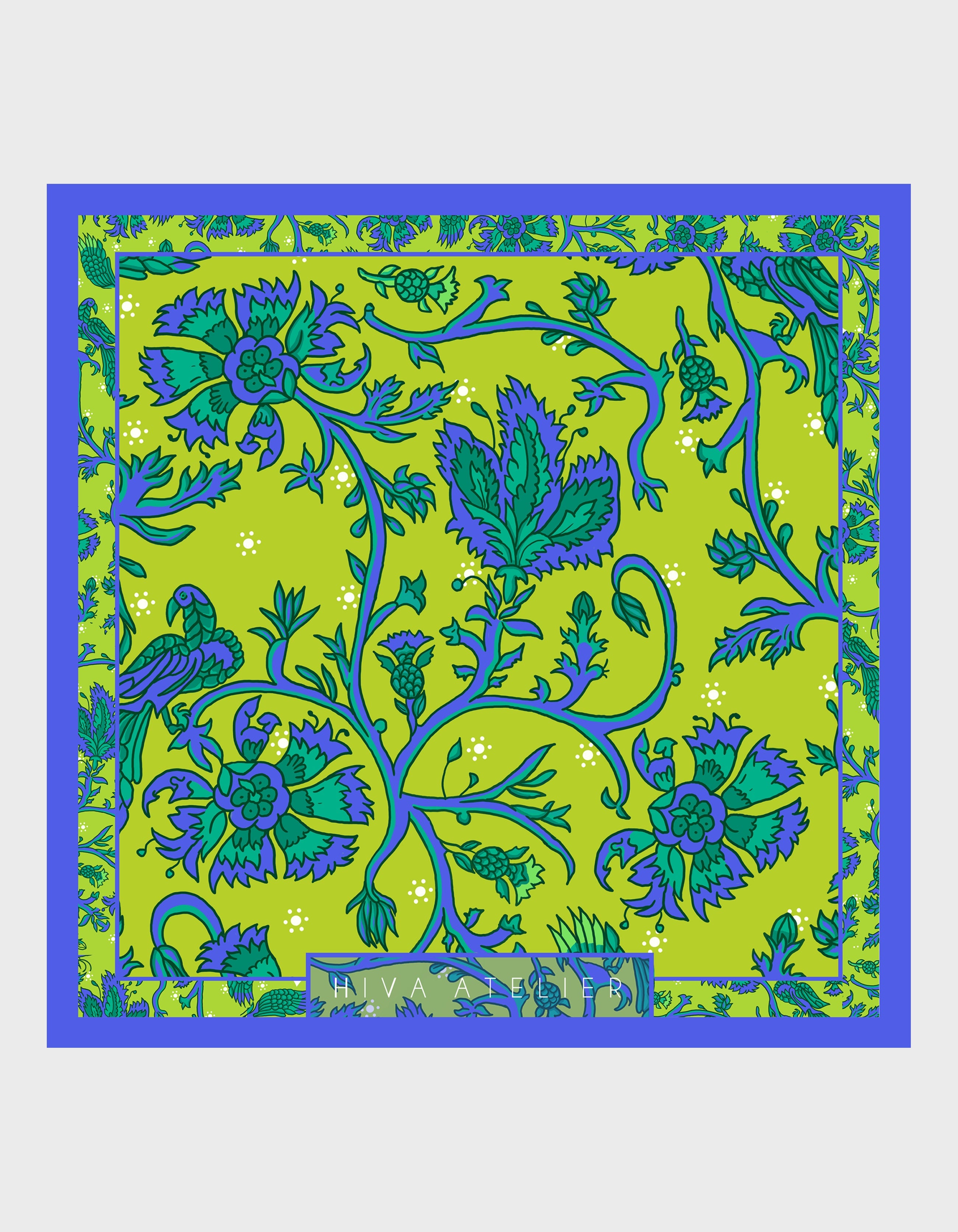 HiVa Atelier | Silk Scarf 50 X 50 CM Refurnished Vintage Flower - Algae Green & Sodalite Blue | Her Tarza Uygun Deri Aksesuarlar