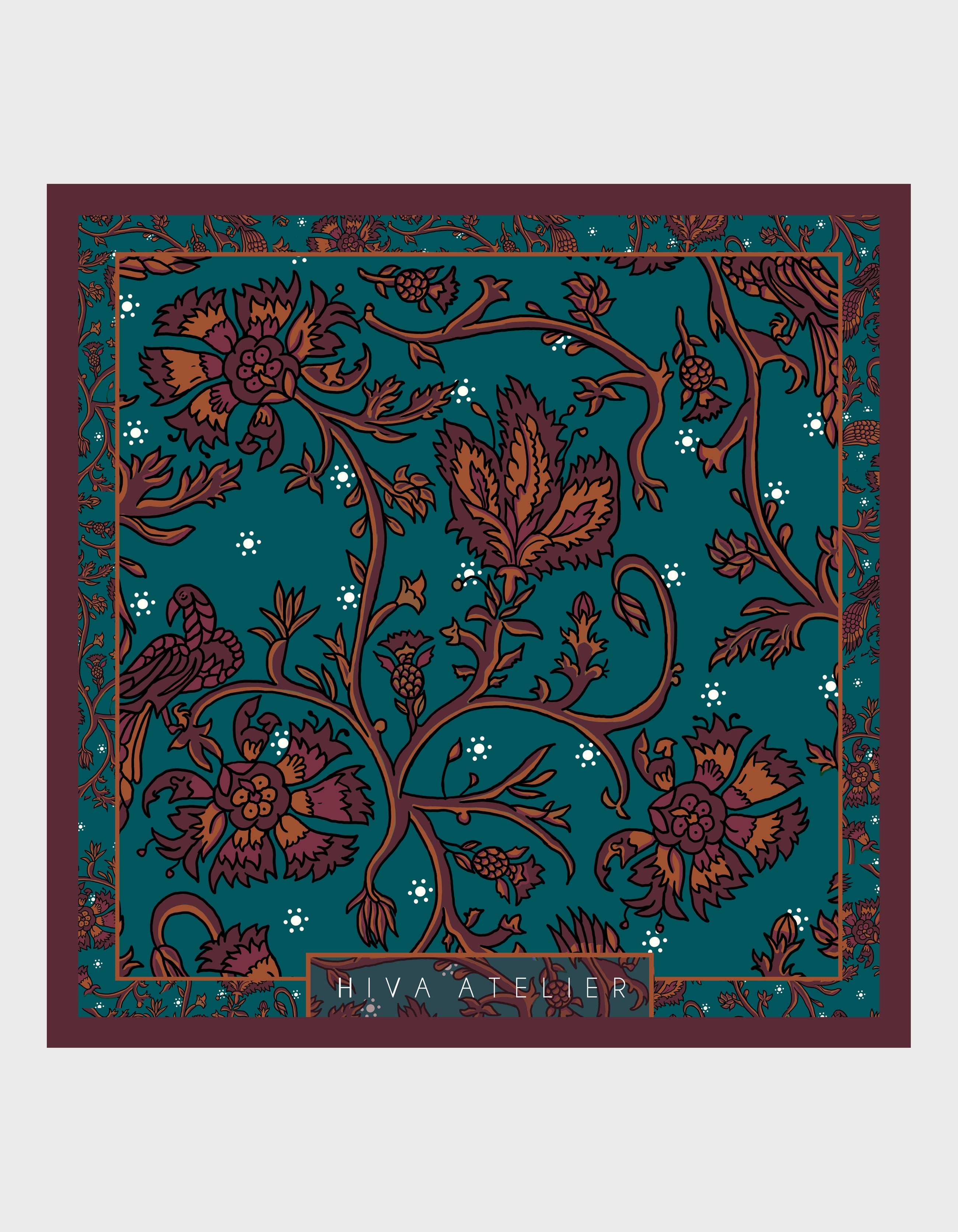 HiVa Atelier | Silk Scarf 50 X 50 CM Refurnished Vintage Flower - Verdigris & Wine & Bombay Brown | Her Tarza Uygun Deri Aksesuarlar
