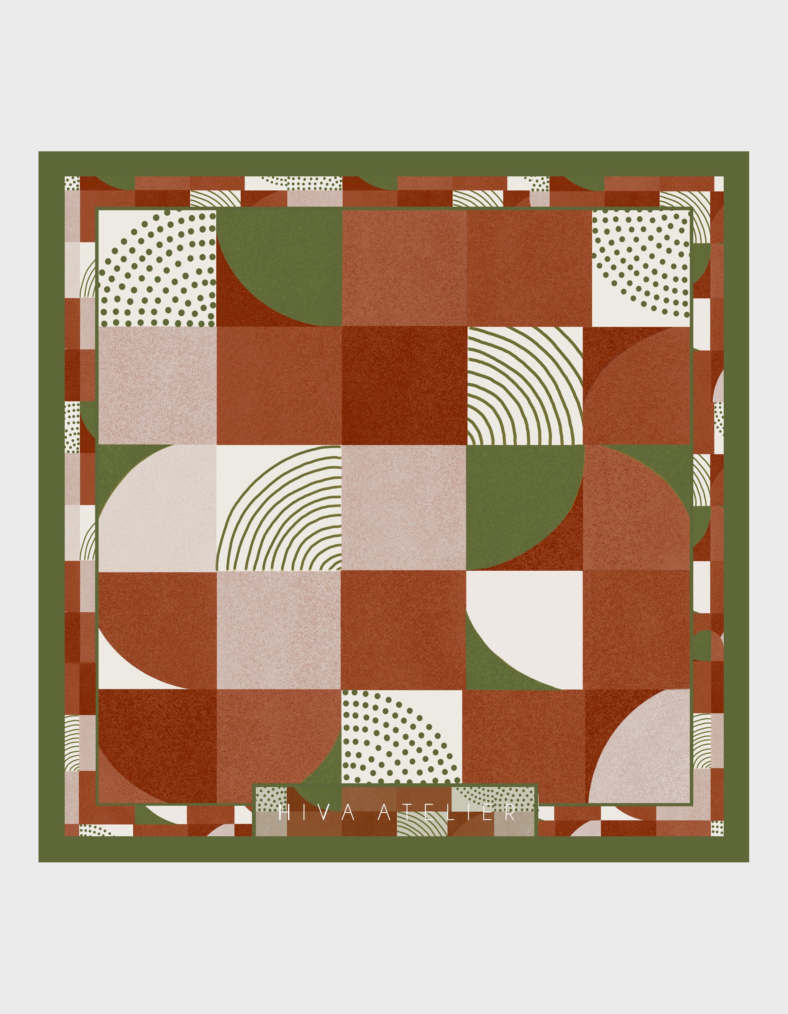 HiVa Atelier | Silk Scarf 50 X 50 CM Geometric Trickery - Burnt Orange & Olive | Her Tarza Uygun Deri Aksesuarlar