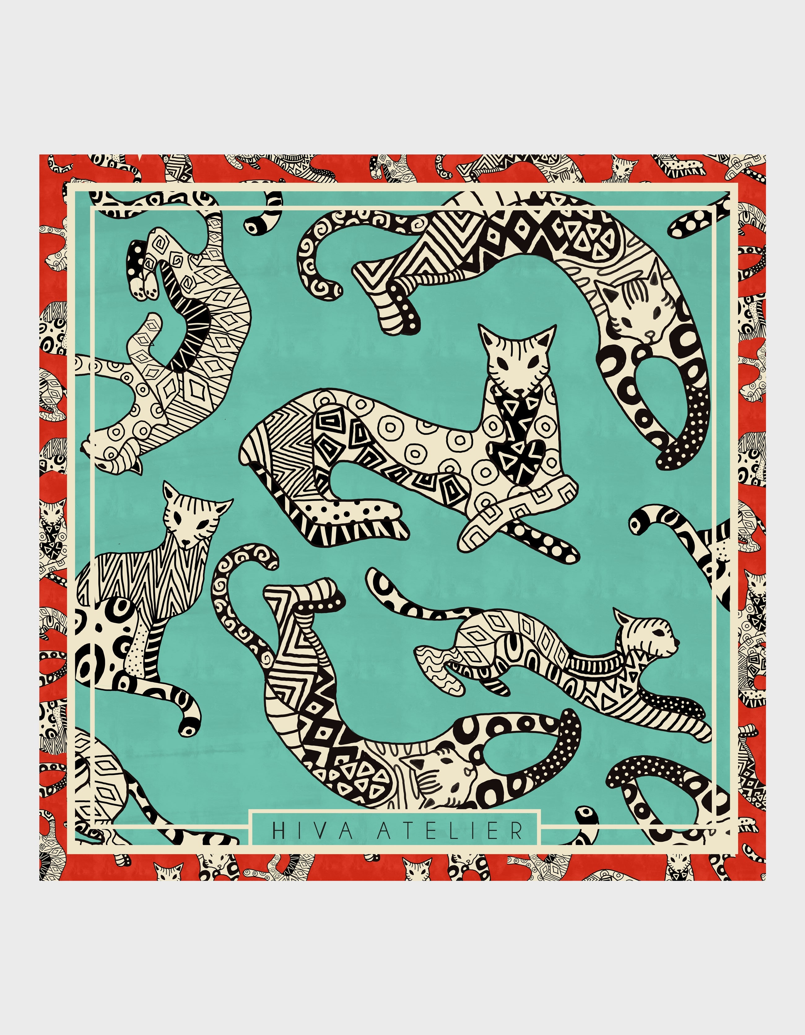 HiVa Atelier | Silk Scarf 50 X 50 CM Geometric Cat - Mint & Black & Beige | Her Tarza Uygun Deri Aksesuarlar