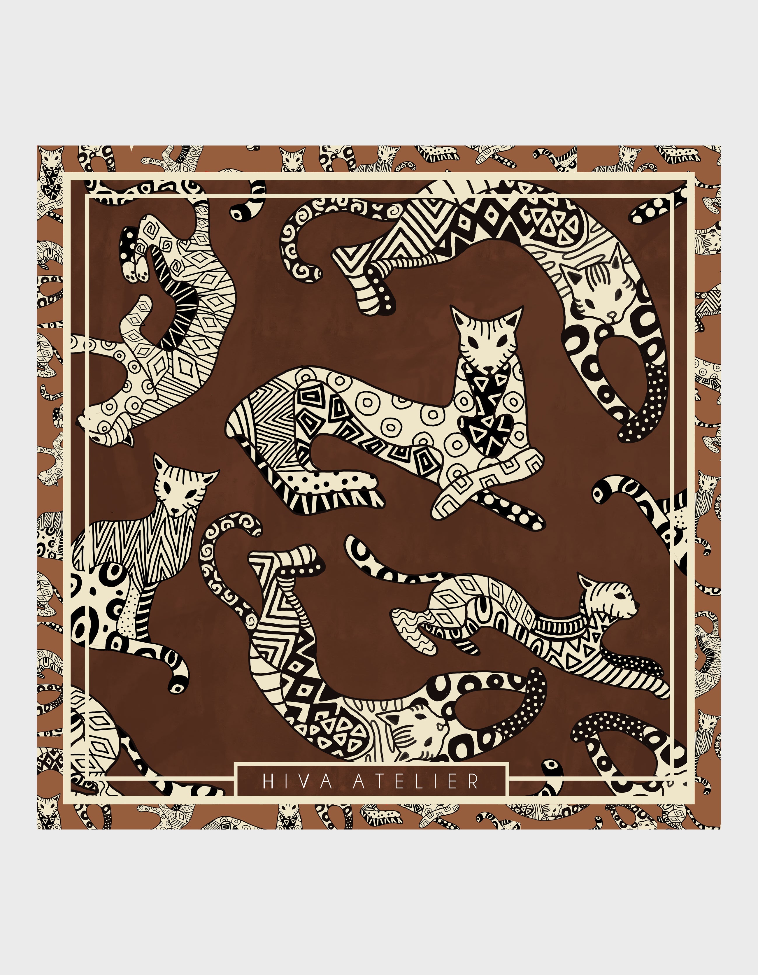 HiVa Atelier | Silk Scarf 50 X 50 CM Geometric Cat - Chocolate & Beige | Her Tarza Uygun Deri Aksesuarlar