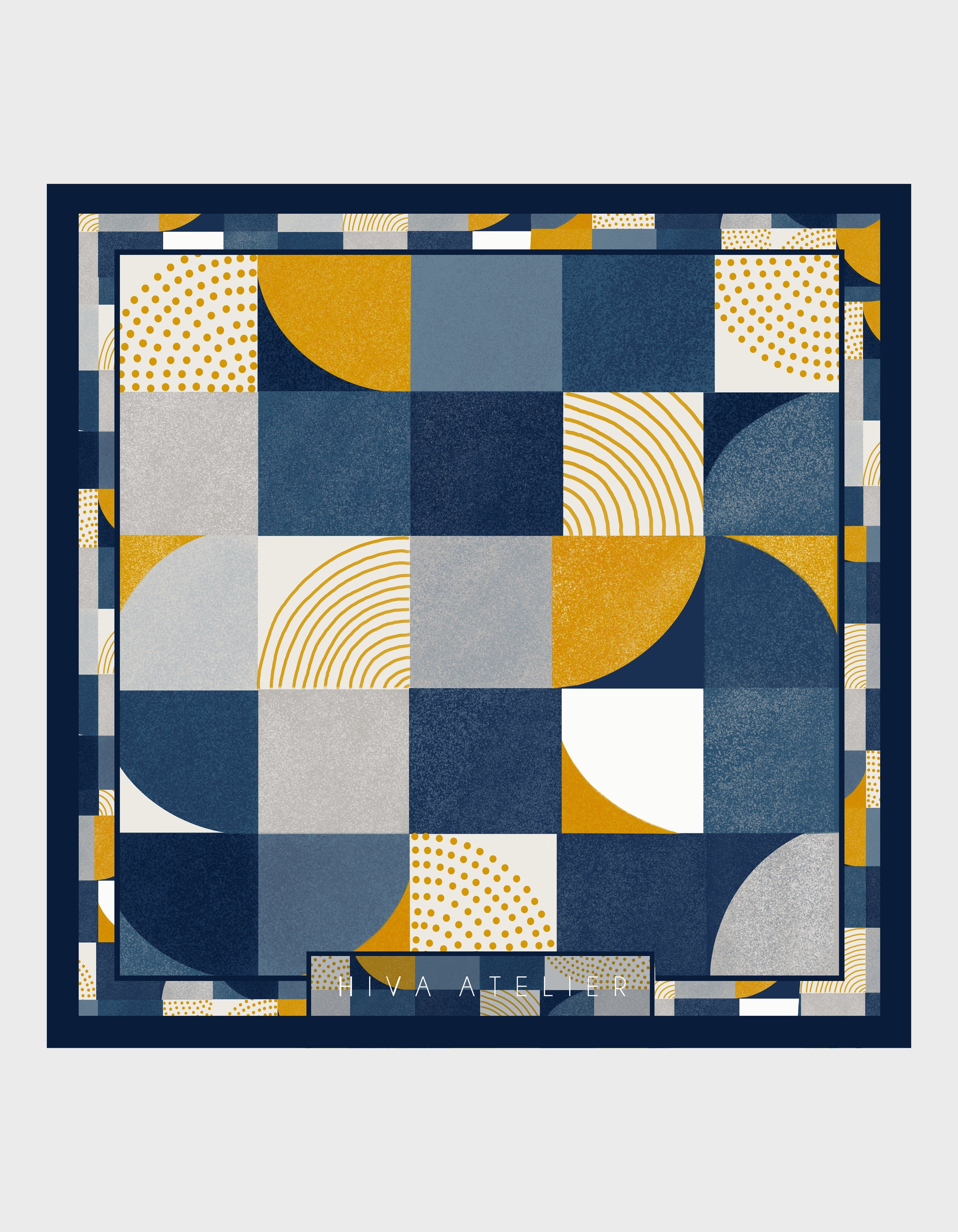 HiVa Atelier | Silk Scarf 50 X 50 CM Geometric Trickery - Navy & Mustard | Her Tarza Uygun Deri Aksesuarlar