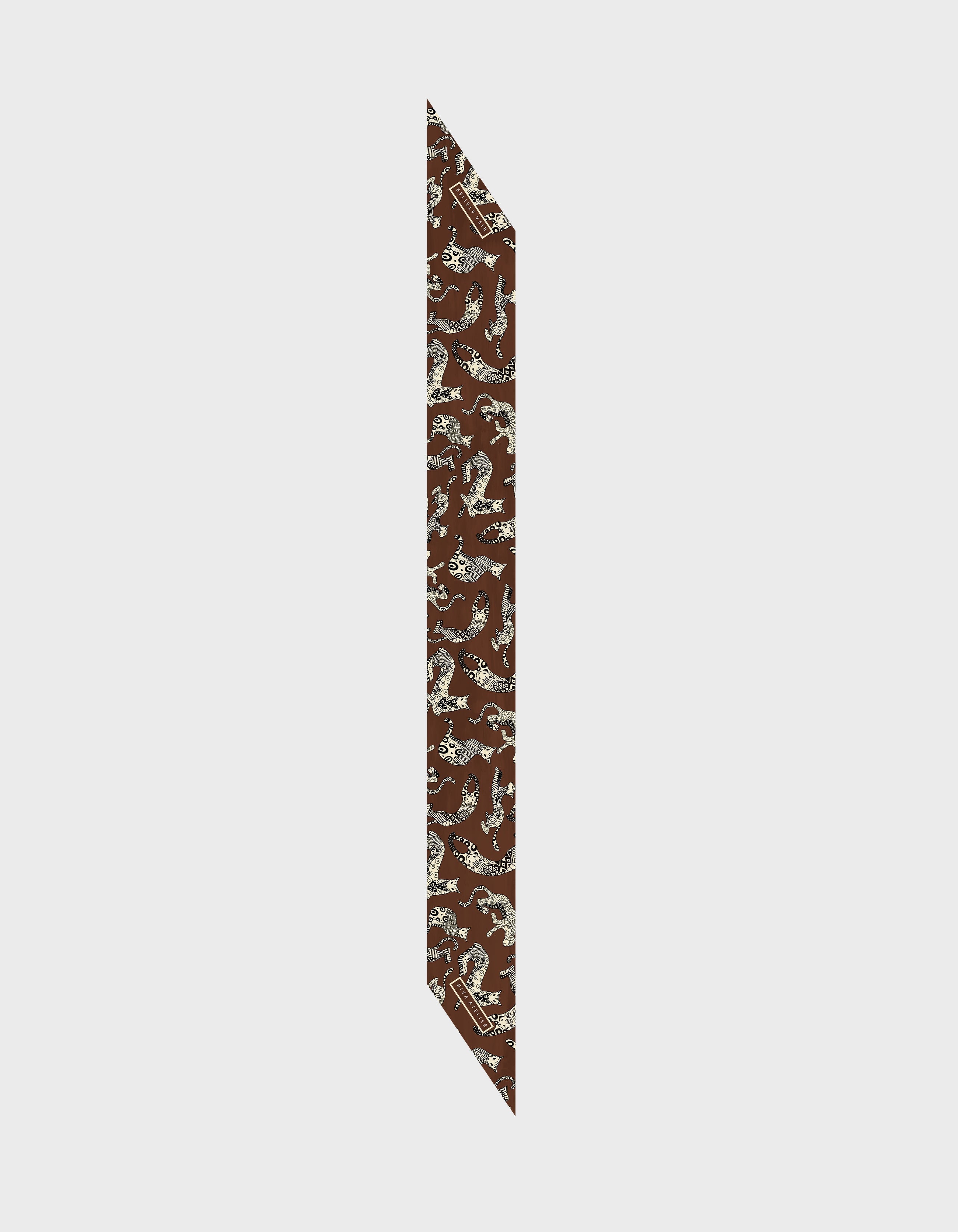 HiVa Atelier | Silk Scarf 5 X 90 CM Geometric Cat - Chocolate & Beige | Her Tarza Uygun Deri Aksesuarlar