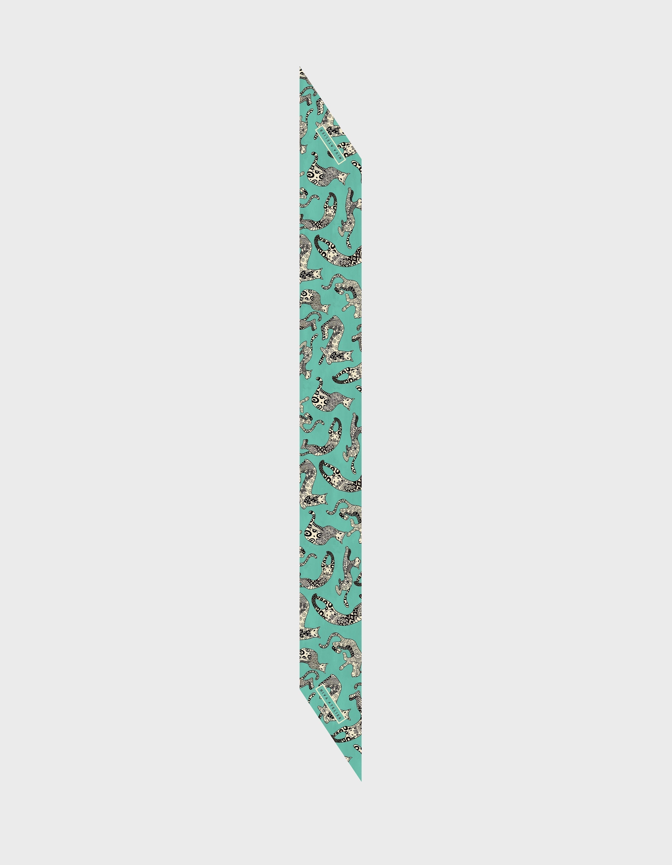 HiVa Atelier | Silk Scarf 5 X 90 CM Geometric Cat - Mint & Black & Beige | Her Tarza Uygun Deri Aksesuarlar