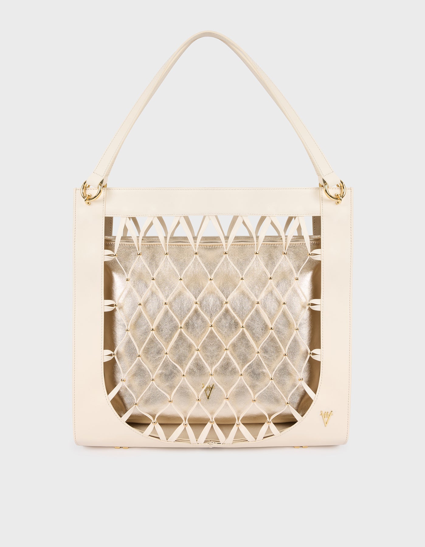 HiVa Atelier | Leather Mesh Tote Bag with Golden Beaded Detail BONE | Her Tarza Uygun Deri Aksesuarlar