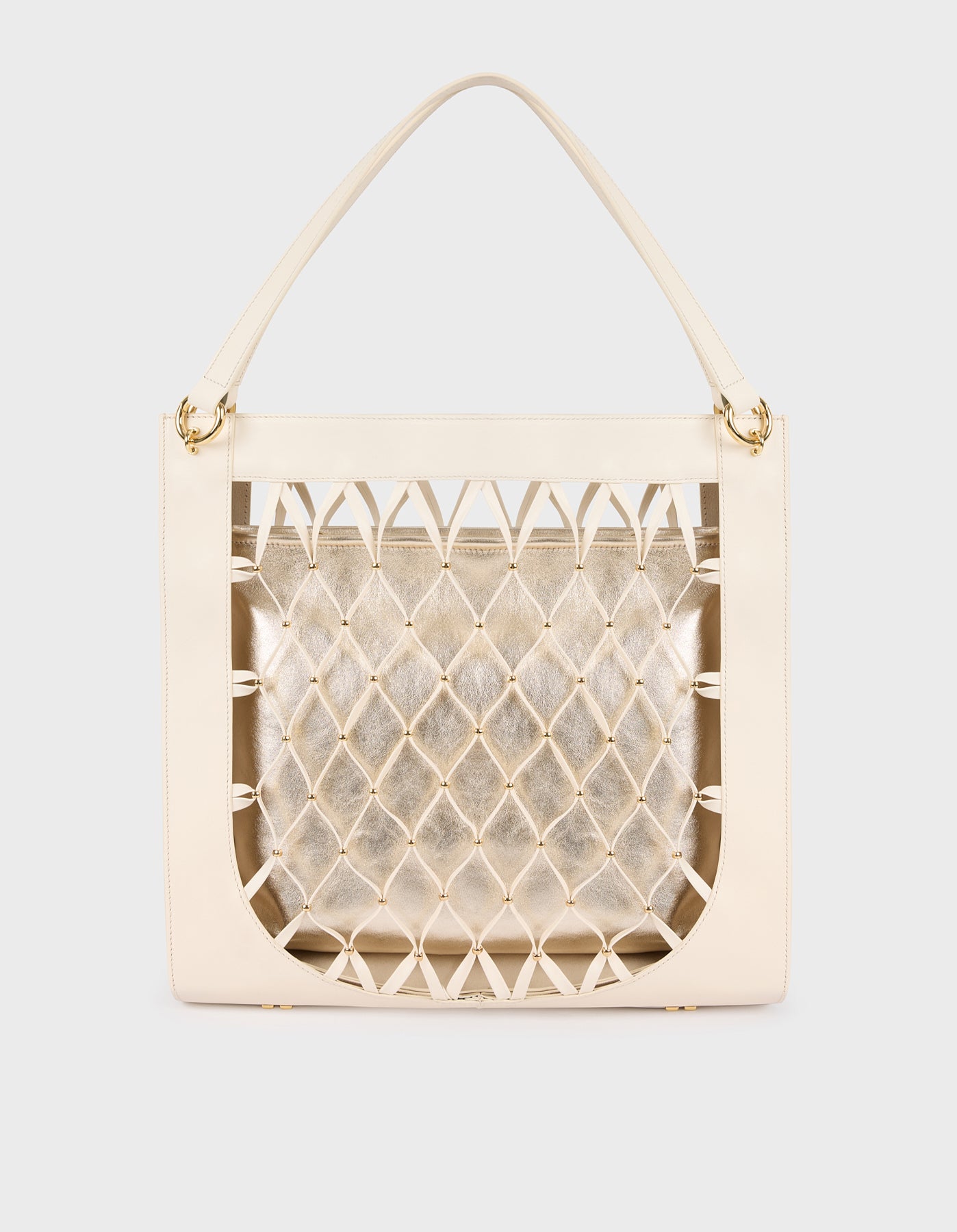 HiVa Atelier | Leather Mesh Tote Bag with Golden Beaded Detail BONE | Her Tarza Uygun Deri Aksesuarlar