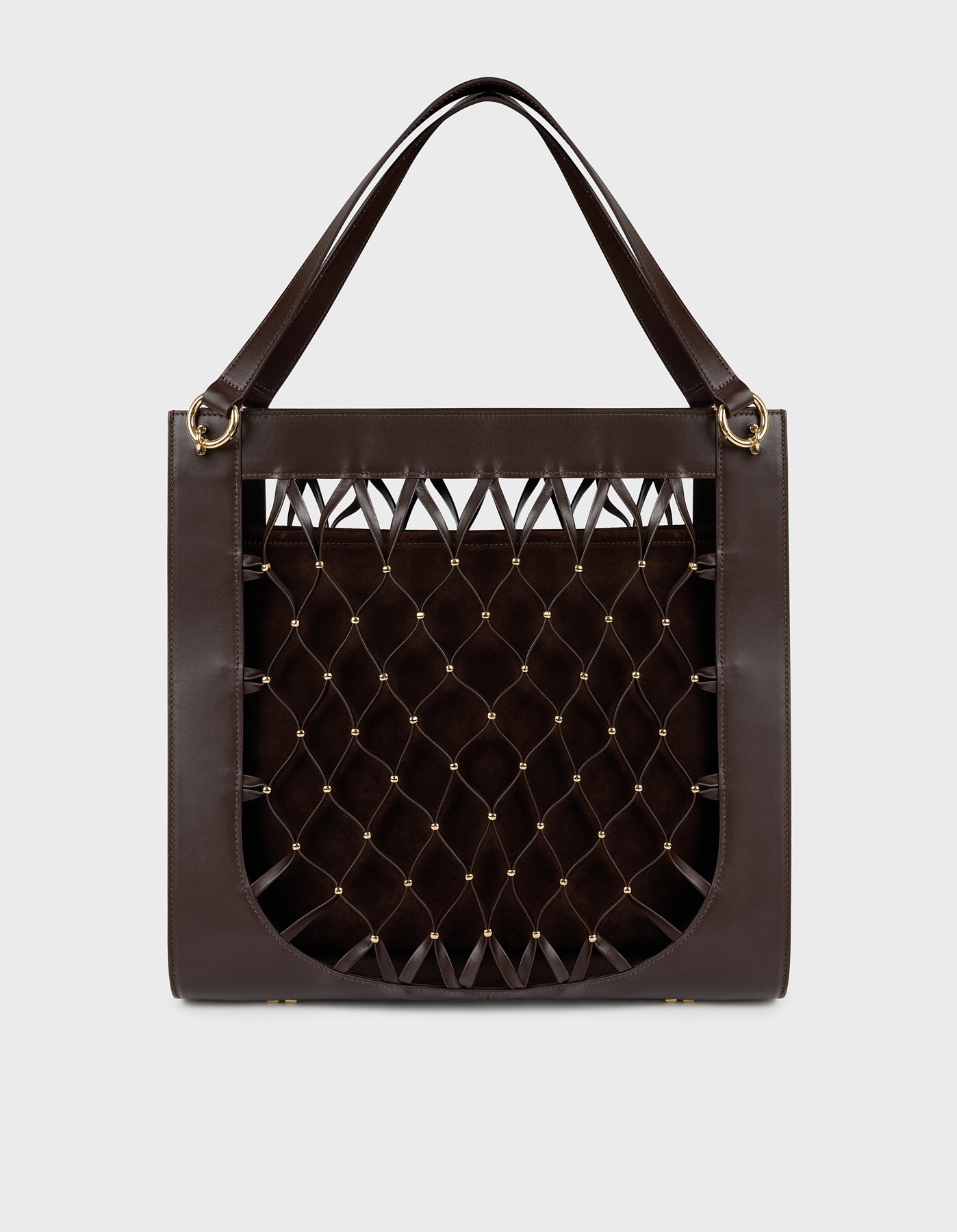 Leather Mesh Tote Bag with Golden Beaded Detail
