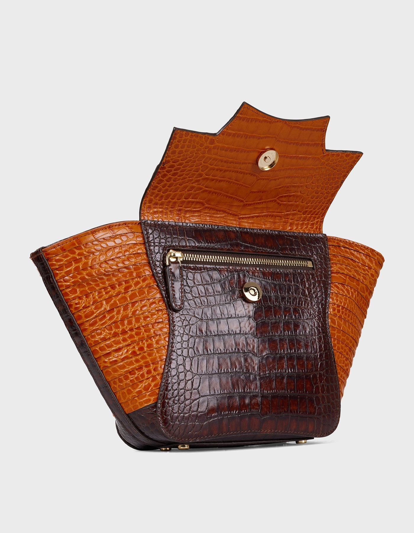 Hiva Atelier | Orbis Midi Tote Bag Croco Effect Burnt Orange & Chocolate | Her Tarza Uygun Deri Aksesuarlar