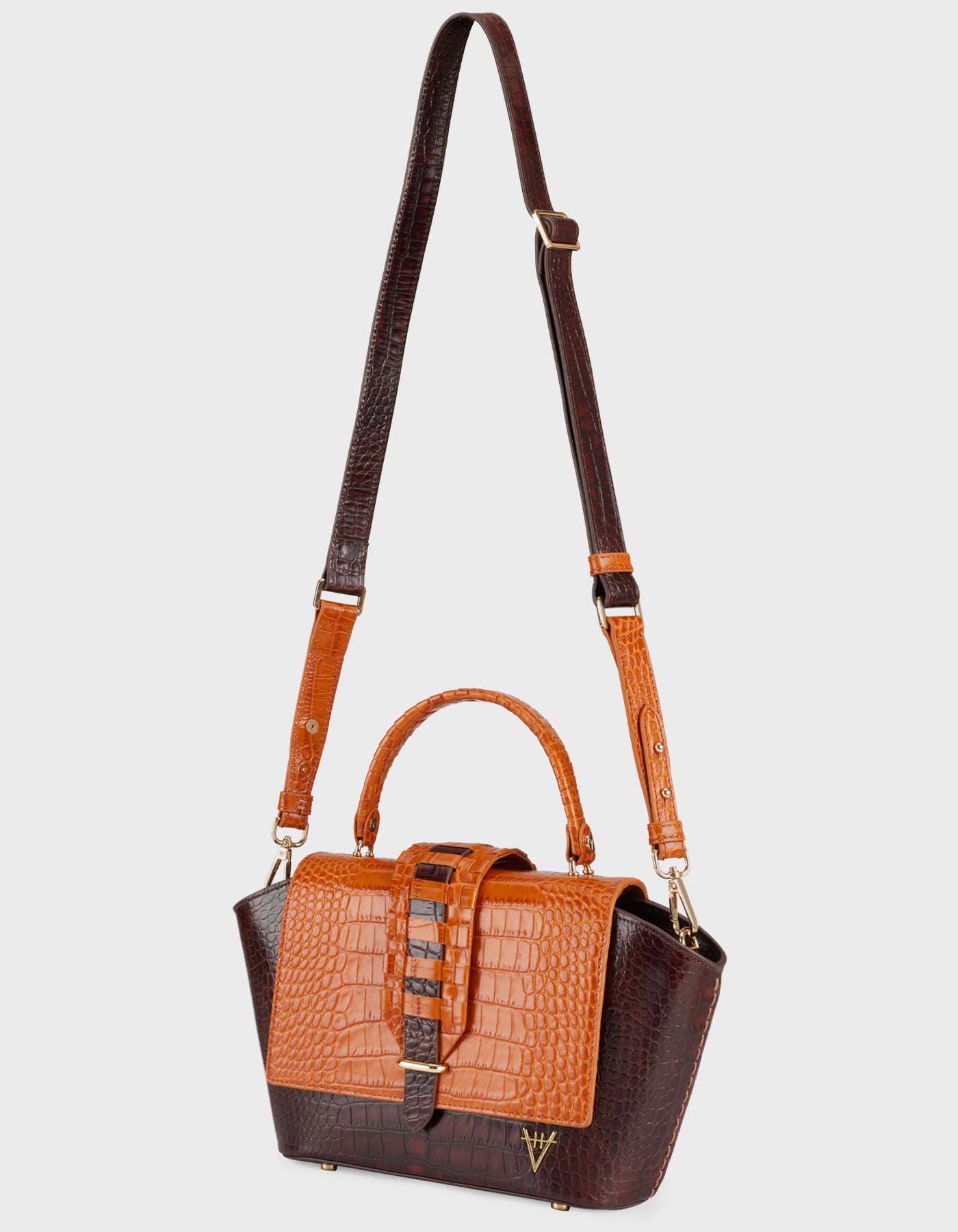 HiVa Atelier | Ventus Shoulder Bag Croco Effect Chocolate & Burnt Orange | Her Tarza Uygun Deri Aksesuarlar