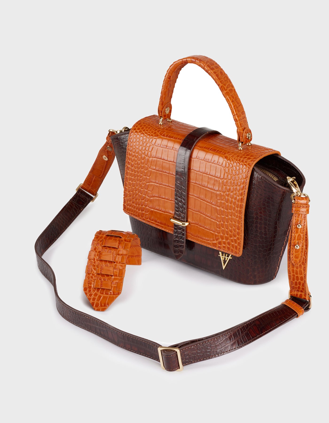 HiVa Atelier | Ventus Shoulder Bag Croco Effect Chocolate & Burnt Orange | Her Tarza Uygun Deri Aksesuarlar